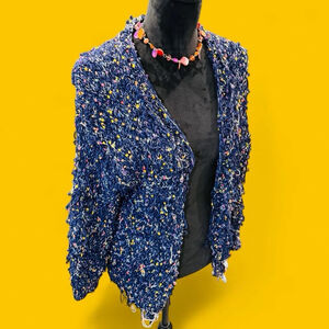 Sweet Genesis Confetti Knit Cardigan M Blue 3/4 Sleeve Fringe Boho Cozy Cottage